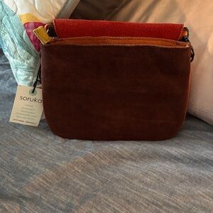 Brown Suede Crossbody Bag with Red Accent